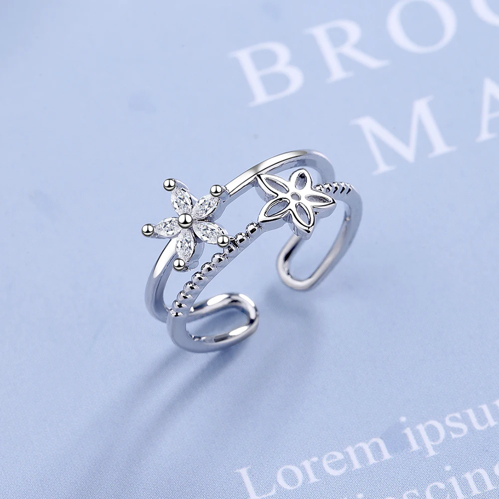 

LEKANI 925 Sterling Silver New Women's Fine Jewelry High Quality Crystal Zircon Simple Hollow Flower Open Size Adjustable Ring