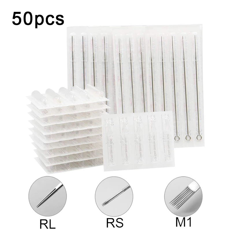 

50pcs Set Disposable Sterile Tattoo Needles RL RS M1 Round Liner Needle Agujas Microblading Supply Permanent Makeup Accessories