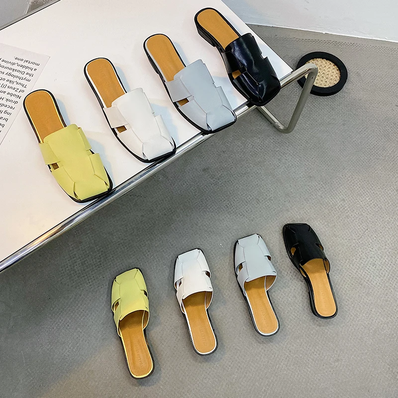 

Shoes Woman 2021 Loafers Female Slippers Cover Toe Mules Sexy Low Shallow Luxury Slides New Summer Designer Flat Basic PU