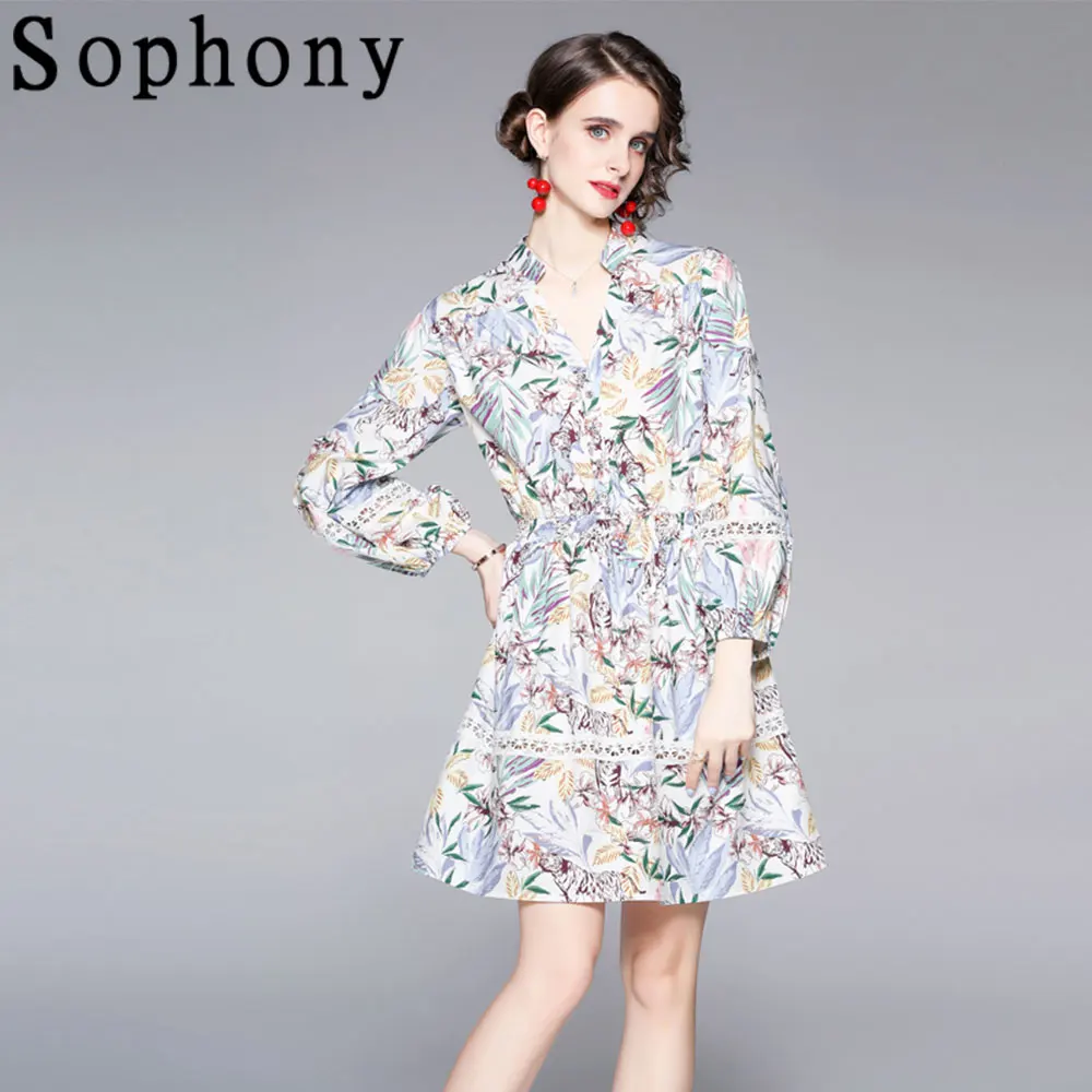 

Summer Boho Floral Dress Office Lady Lace Hollow Out Patchwork V Neck Long Sleeve Flower Print A Line Mini Party Dresses S65650