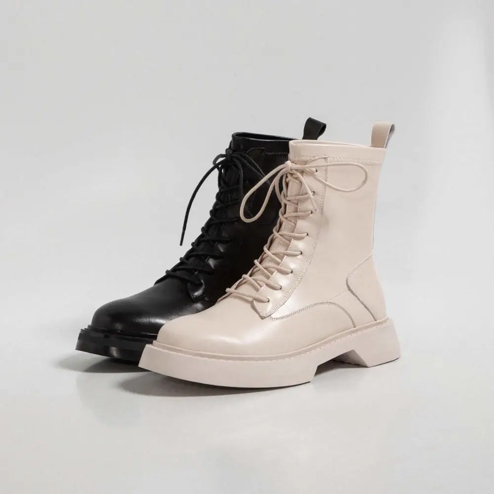 

Krazing pot short boots natural leather high quality round toe thick med heel lace up daily wear energy fashion ankle boots L85