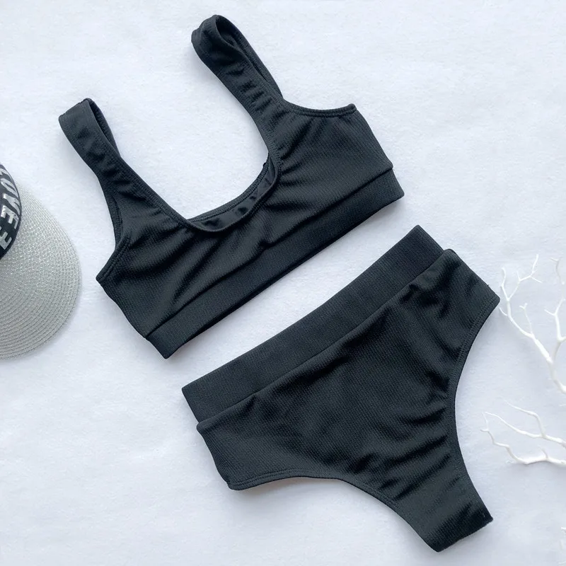 INGAGA High Waist Bikini Mujer Sexy Push Up Swimwear Women Solid Vest Swimsuit Female Black Biquini New Sports Swim Suit