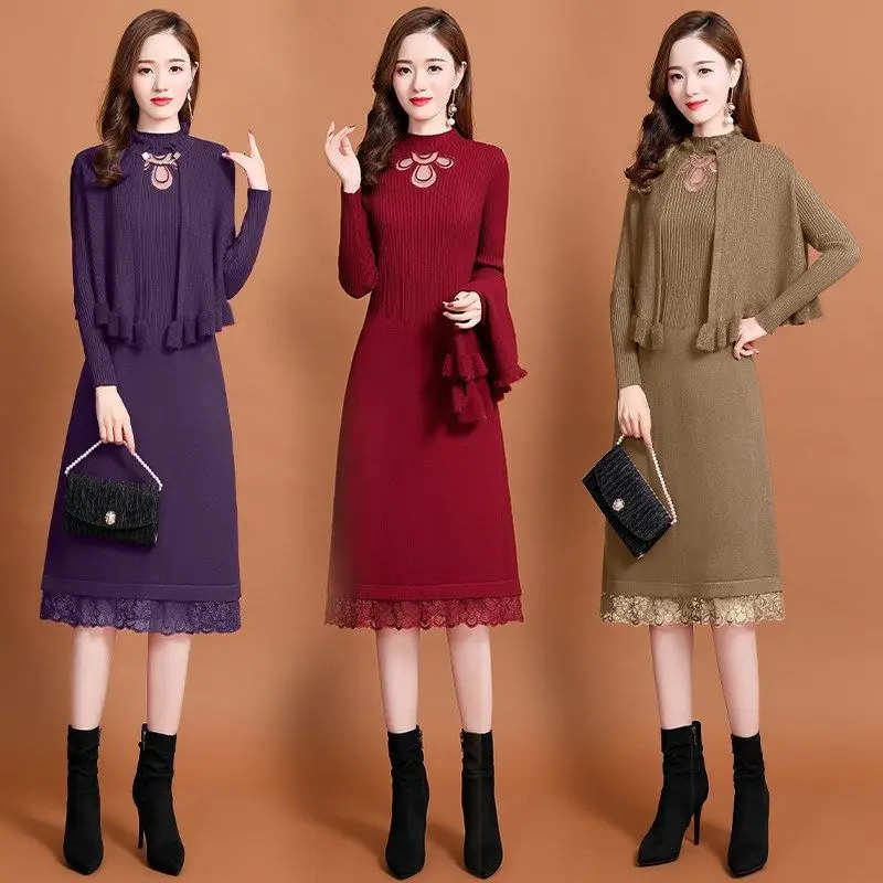 

2022 Autumn Winter Women Sets Knitted 2 Piece Set Knit Sweater Cardigan + Lady Hollow Knitting Dress Suit Womens Outfits X129