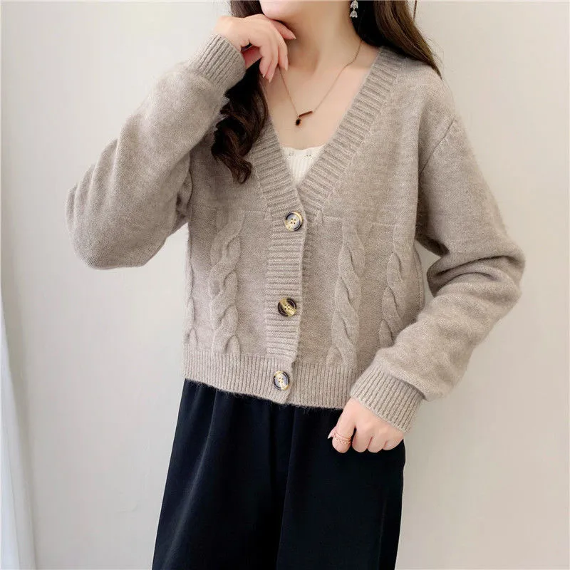 

Spring Autumn Sweaters 2021 Women Fashion Long Sleeves V Neck Twist Knit Sweater Cardigans Crop Top Loose Jumper Pull Femme Coat