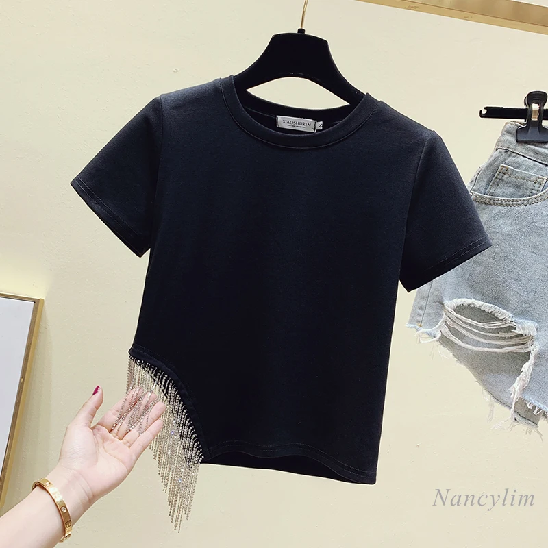 

Футболка с кисточками тяжелой индустрии, женский летний топ с коротким рукавом, новый короткий топ с асимметричным подолом, облегающий, бел...