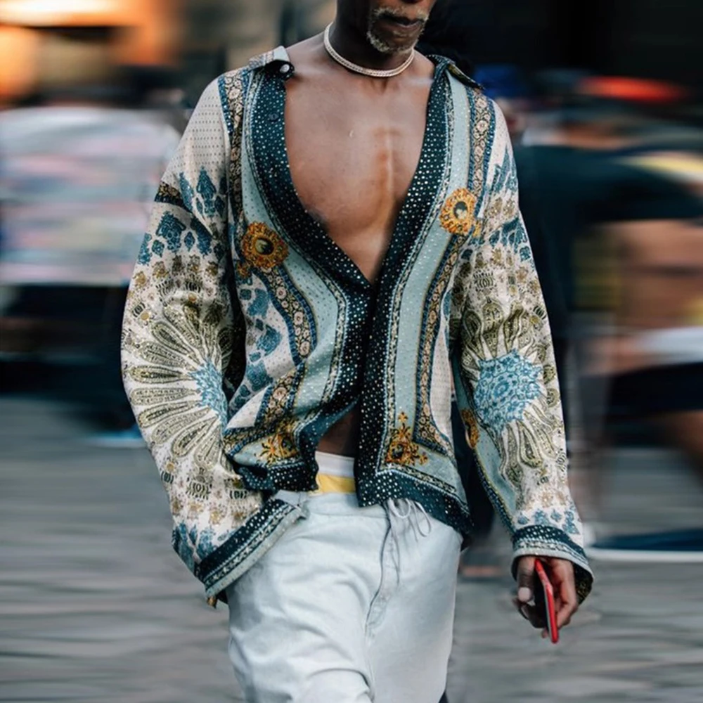 Long Sleeve Vintage Boho Blouse Streetwear Print Sexy V Neck Men  Shirt Top Hawaii Loose Men Shirt Blouse