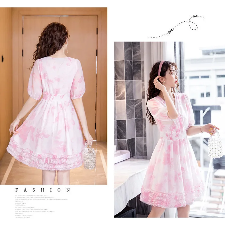 

BacklakeGirls Summer New Women Plus Size Mini Beach Dresses Sundress Short Sleeve V Neck Chiffon Elegant Dress Fashion Big Size