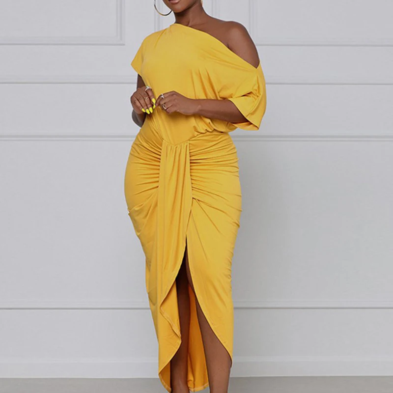 

Solid color Sexy Skew Neck Sheath Draped Short Sleeve Hem slit Maxi Dress Women Summer evening dress