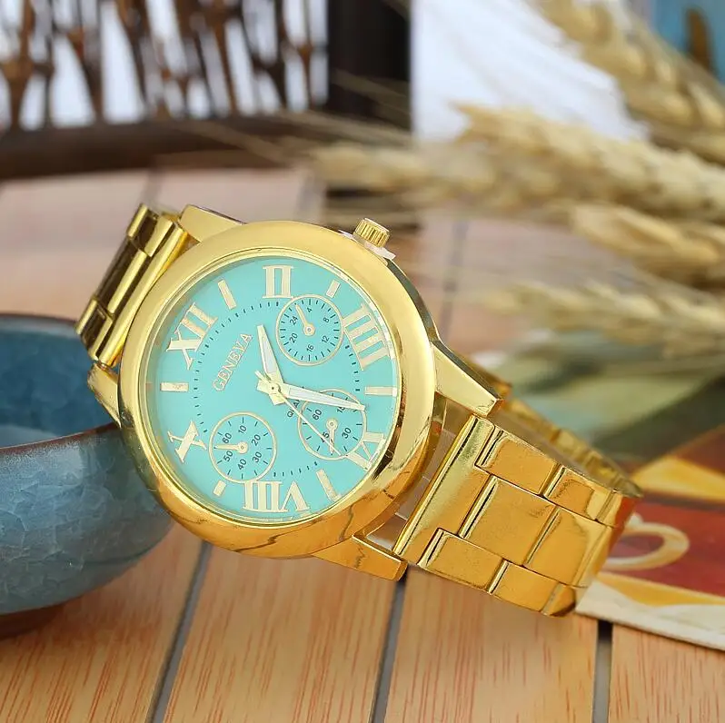 gold mint green Бренд 3 глаза серебро Женева Повседневное кварцевые часы Для женщин Нержавеющая сталь платье часы Relogio Feminino дамские часы Лидер продаж - Цвет: gold mint green