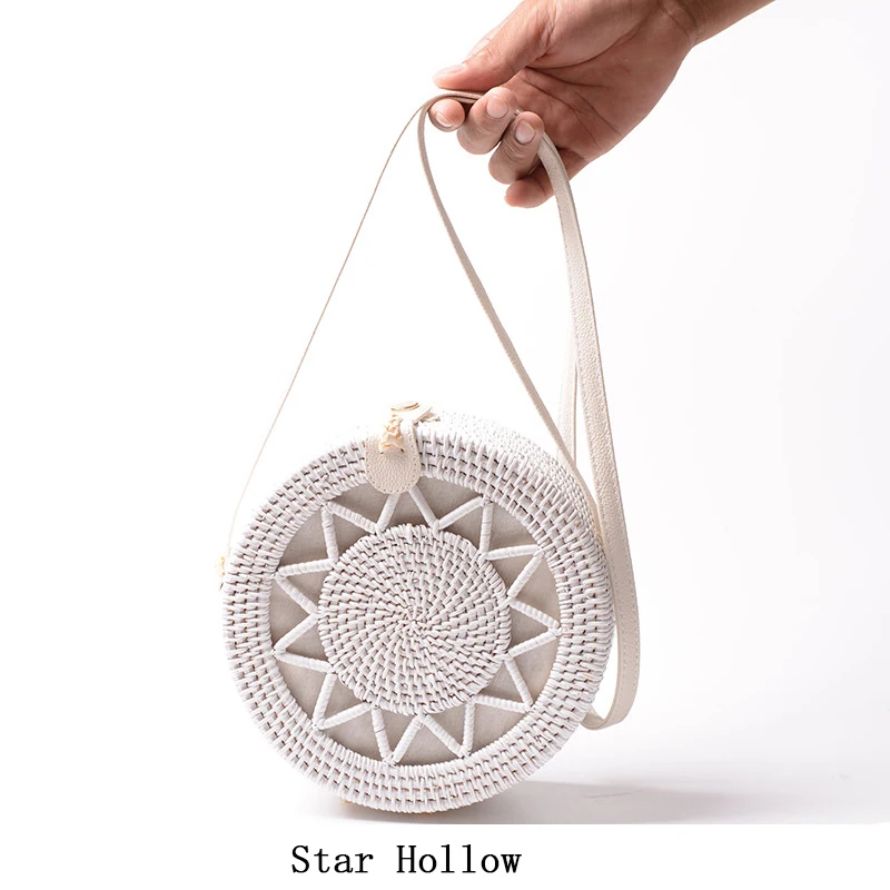 B342-StarHollow Круглые соломенные сумки, женская летняя сумка из ротанга, ручная работа, тканая пляжная сумка через плечо, круглая богемная сумка, круговая, низкая цена - Цвет: B342-StarHollow