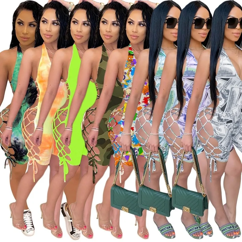 

Jumpsuit 2020 Sexy Women Deep V-neck Sleeveless Halter Backless Hollow Out Playsuit Rompers Sports Floral Print Lace-up Jumpsuit