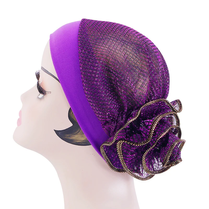 

Women Gorgeous Shiny Big Flower Turban Muslim Hijab Bright Silk Wedding Party Headwear Mujer Bandanas Turbante Soft Headcover