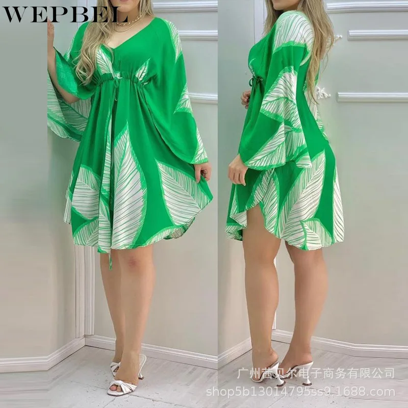 

WEPBEL Dress Women's Sexy Printed Pleated Irregular Dress Spring and Summer Leisure V-neck Split Butterfly Sleeve Dress
