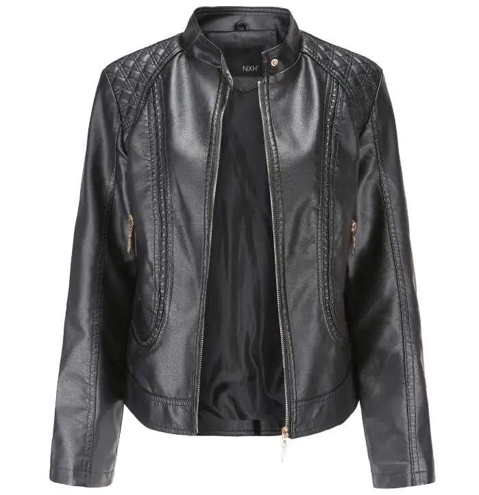 

Новинка, женские кожаные куртки на весну и осень, Европейская и американская куртка большого размера из искусственной кожи с воротником-сто...