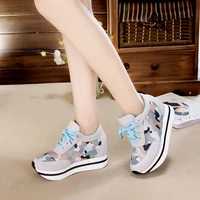high heel wedge sneakers women real leather camouflage blue pink shoes woman lace up chunky sneakers heels zapatos mujer casual