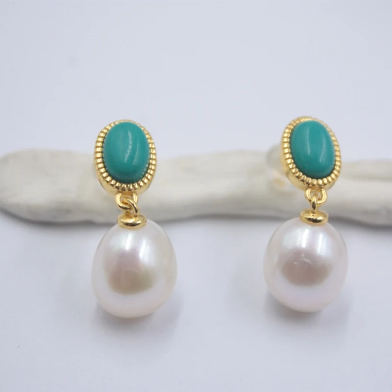 

Real 925 Sterling Silver Dangle Earrings Turquoise and Freshwater Pearl Earrings for Lady ONLY ONE PAIR
