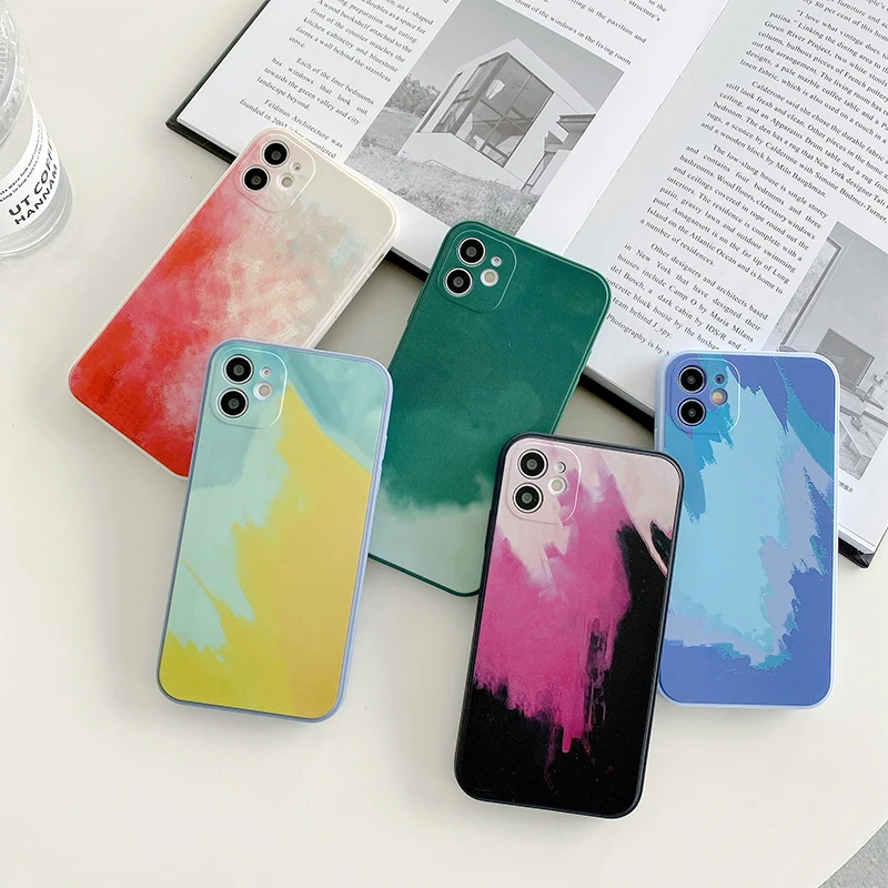 

Watercolor gradient Oil Painting Soft Case For iPhone 12 11 Pro 12Mini X XS Max XR 8 7 6 S Plus SE 2020 Square Phone Cover Shell