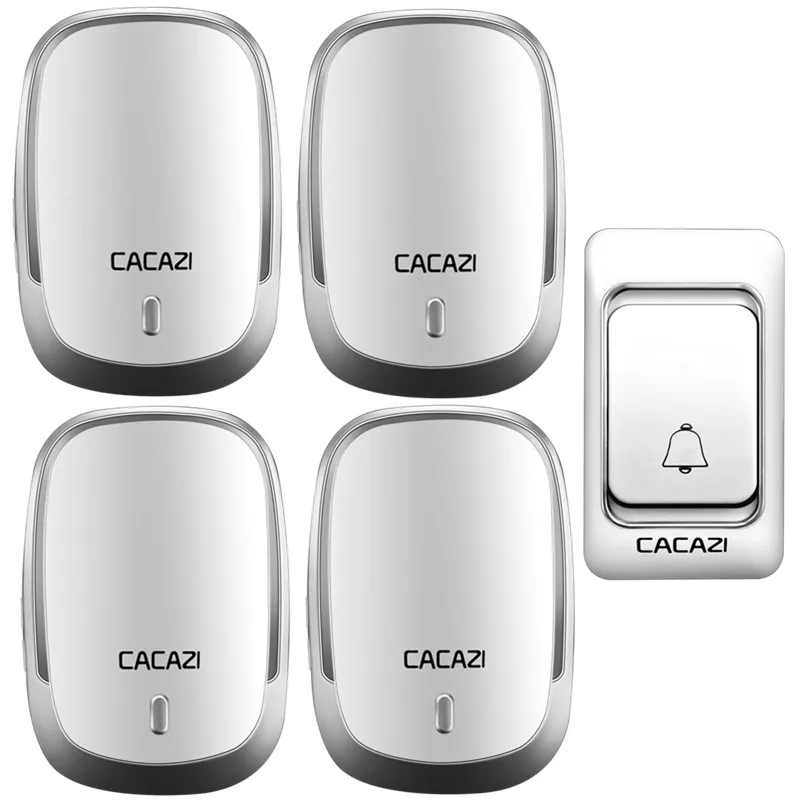 1 button 4 receiver Беспроводной дверной звонок CACAZI, водонепроницаемый, длинный диапазон, кнопка постоянного тока, на батарейках, 200 м, дистанционный звонок, звонок, кольца, 6 громкости, дверь, 36 колокольчиков - Цвет: 1 button 4 receiver