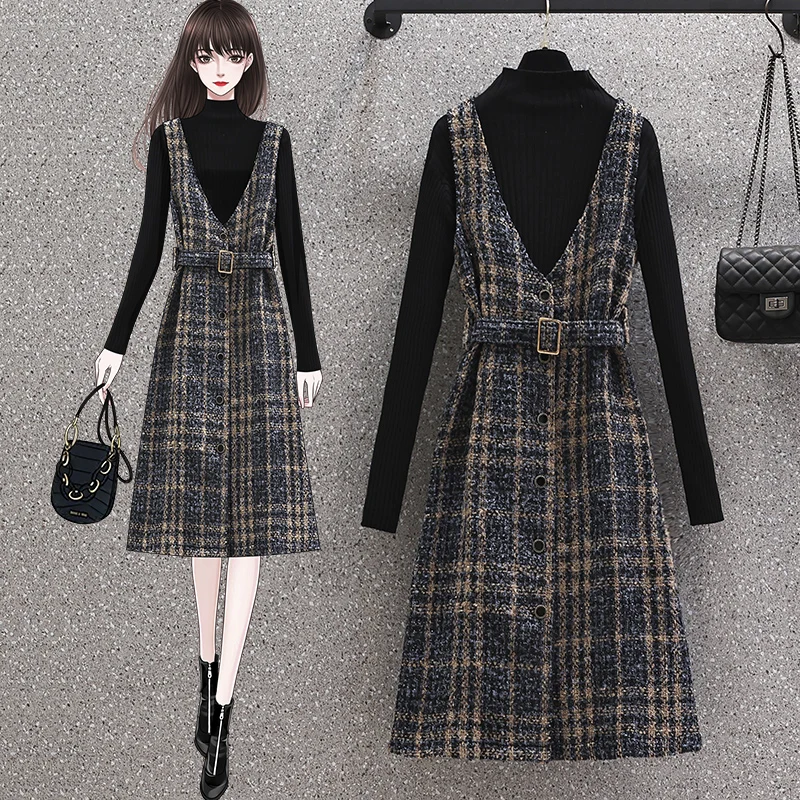 

Women 2021 Autumn Winter New Fashion Two Piece Suits Female Solid Color Pullover Tops Ladies Long Woolen Vest Dress Sets