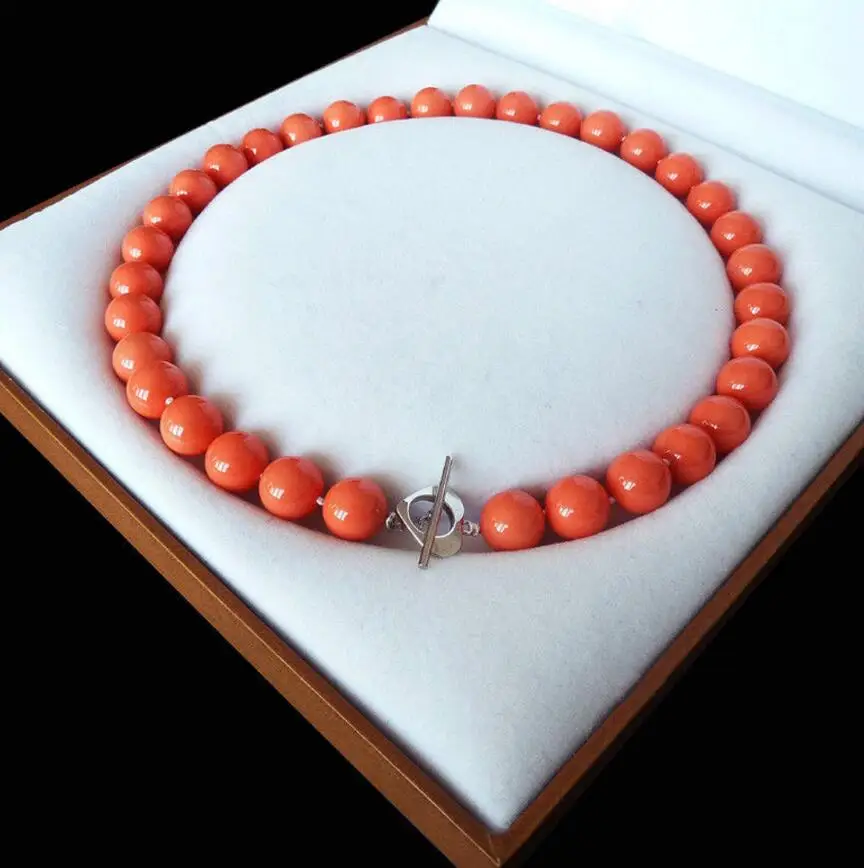 

Free shipping latest popular style AAA+ 12mm orange red color shell pearl fashion necklace