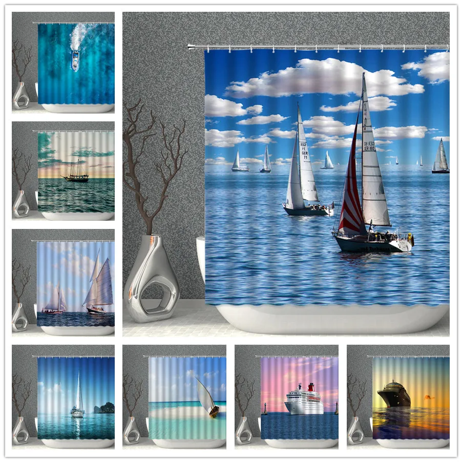 

Ship Ocean Shower Curtain Set Seascape High Quality Waterproof Fabric Sky Seawater Bathroom Curtains Bath Screen Decor With Hook