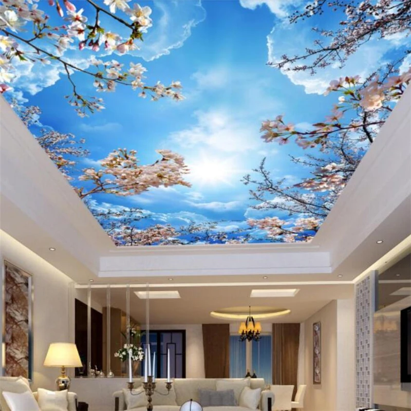 Пользовательские обои 3D голубое небо белые облака вишня потолочные фрески на