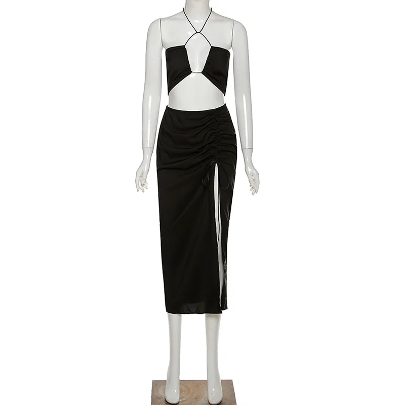 

2 Two Piece Set Crop Top High Split Skirt Sexy Outfit for Birthday Vaction Club Dress Summer 2021 Women C83-CE12