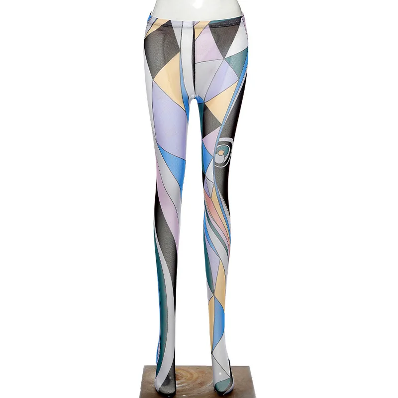 

Mesh Pattern Print Long Pants Skinny Women Sexy Hot Mid Waist Transparent Sheer Fashion Bodycon Trousers 2021
