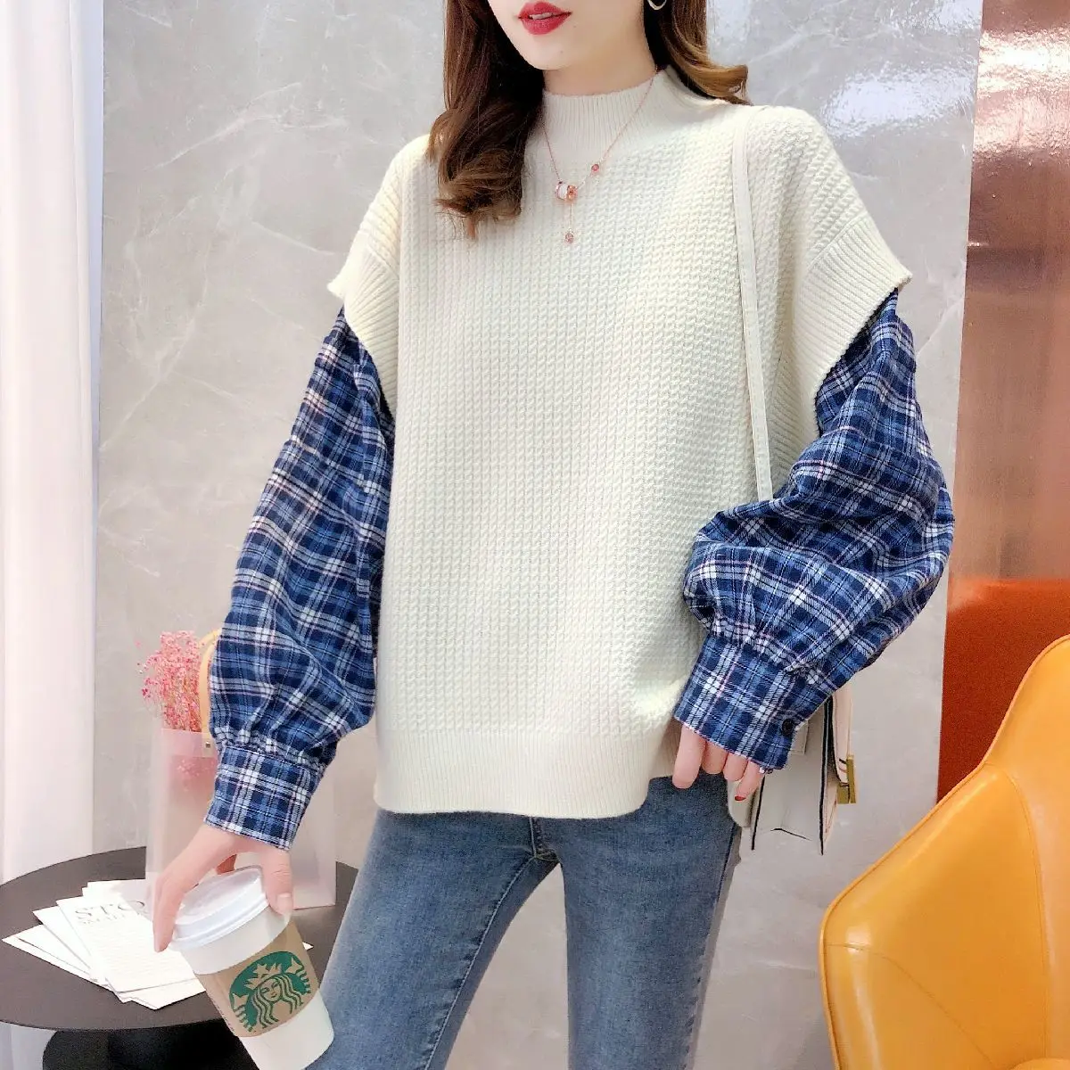 

Повседневный женский свитер, свободные клетчатые вставки, два искусственных трикотажа, женские топы в Корейском стиле, сезон осень-зима, вя...