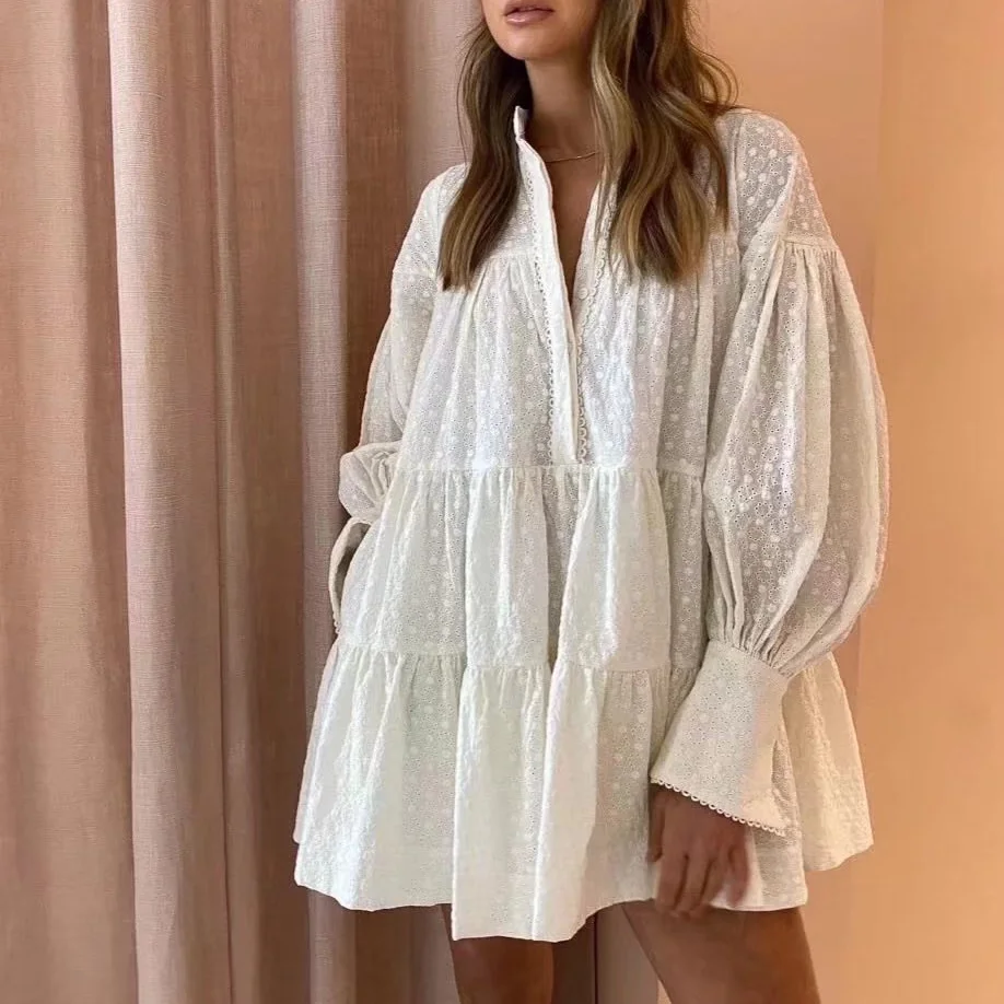 

JUNWU Za Autumn Women Net Red White Round Neck Single-Breasted Layered Ruffled Aline Loose Cotton Long-Sleeved Dress Bohemian