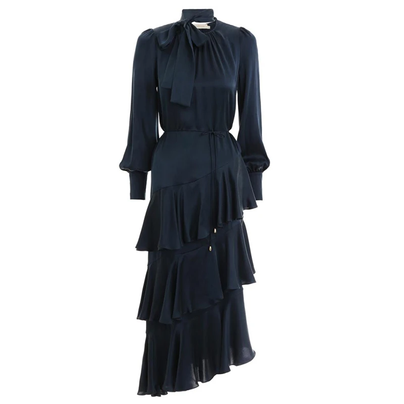 Женское атласное Макси-Платье асимметричное платье с рукавами-фонариками бантом