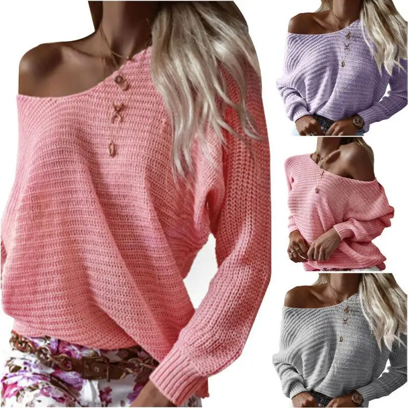 

Women Sweater Off Shoulder Solid Color Loose Sweaters Autumn Knitted Pollovers Long Sleeve Women Clothing Sweaters Female