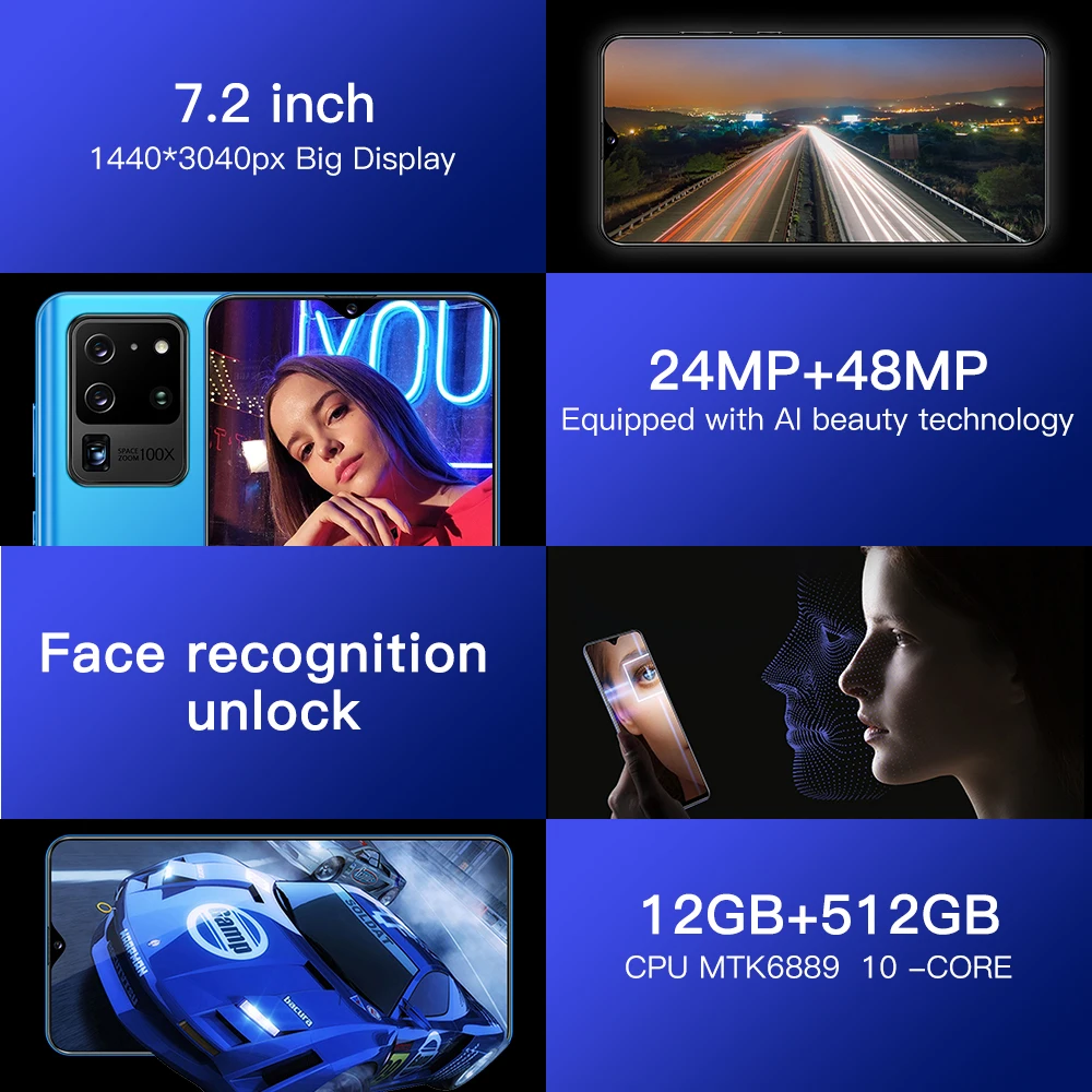 

New S20+ Pro 7.2 Inch Android 10.0 Mobile Phone 12+512GB 5G Smartphone MTK-6889 10 Core 5800mAh Battery Dual SIM Card Cellphones