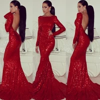 fashion red sequin evening dresses 2016 backless long sleeves mermaid sexy slim women pageant gown for formal prom patrty
