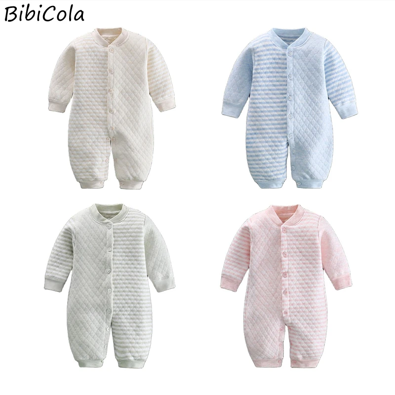 

Newborn Baby Boy Girl Button Rompers Kids Cotton Solid Color Add Cotton Warm Jumpsuit Infant Autumn And Winter Baby Jumpsuits