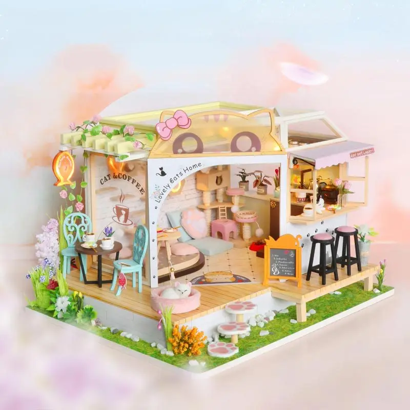 

New DIY Hand Assembled Cabin Creative Wooden Model Cat Coffee Backyard Garden with Dust Cover Valentine's Day Gift