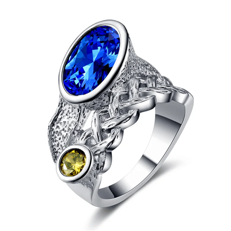 

Vintage fashion ring handmade old tree rattan blue crystal hand jewelry