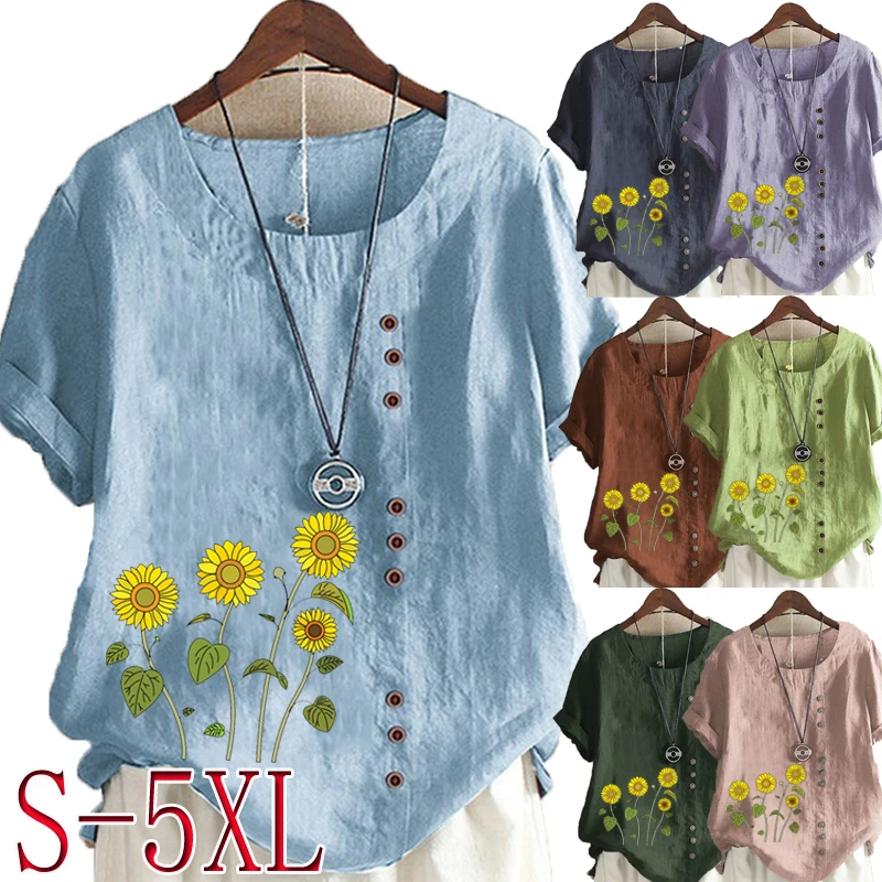 

Summer Casual Flowers Print Loose T-shirts Vintage Cotton and Linen O-Neck Plus Size Short Sleeve Blouse Tops For Women S-5XL