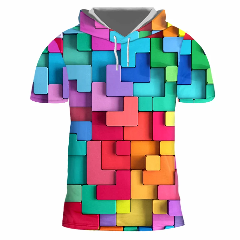 

Футболка IFPD мужская с капюшоном, модная рубашка с цветными квадратными головоломками и короткими рукавами, в стиле ретро, уличная одежда, Ра...