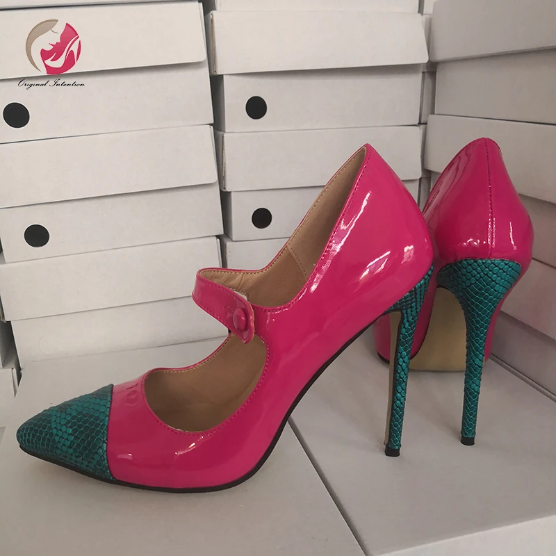 

Original Intention Fashion Patent Leather Pumps Woman Mixed Color Colorful Pumps Pointed Toe Thin High Heel Woman Shoes PlusSize