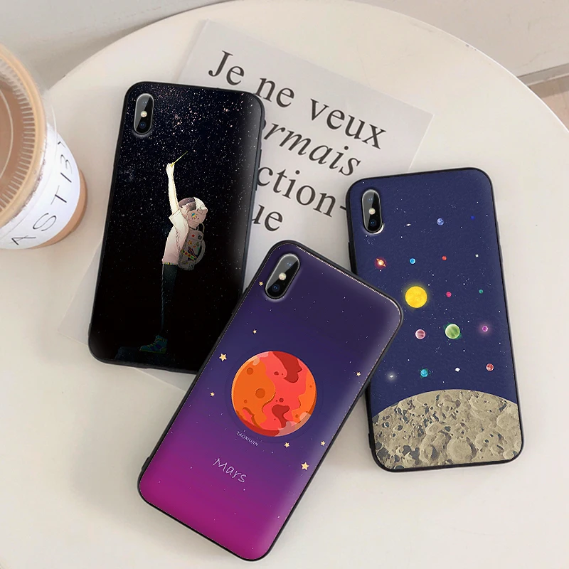 Мягкий силиконовый чехол для iPhone 6 6s 7 8 Plus X XR XS Max 5 5S SE телефона черный астронавты