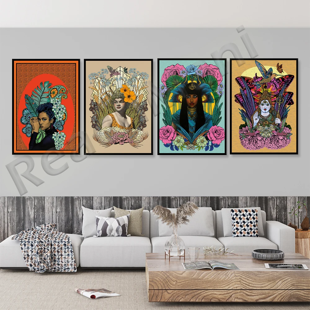 

Water Nymph Asian Goddess Floral Modern Colour Art Poster Print - British Artist