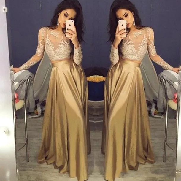 

vestidos de noiva Beautiful Lace Long Sleeve Gold Two Piece Prom Dresses Satin Prom Gowns Evening Party Dress