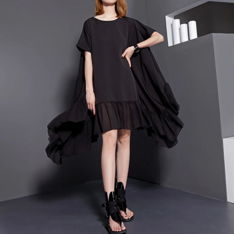 [EAM] new summer autumn round neck short sleeve solid color black split joint loose big size dress women fashion tide 446