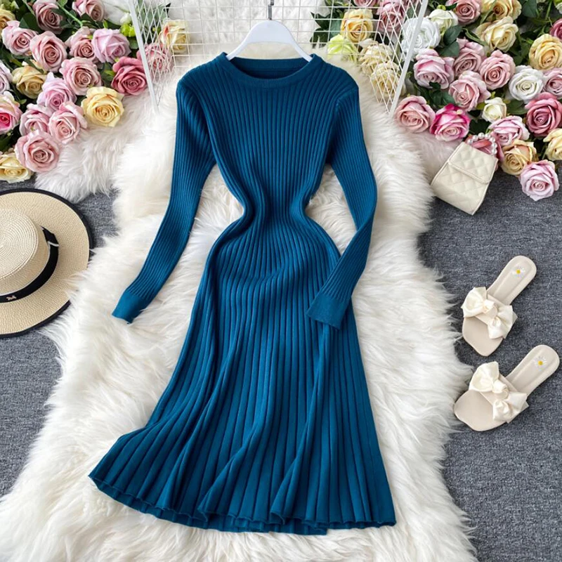 

Женское вязаное платье с длинным рукавом, однотонное облегающее платье-свитер средней длины, вечерние платья-трапеции, Осень-зима 2020