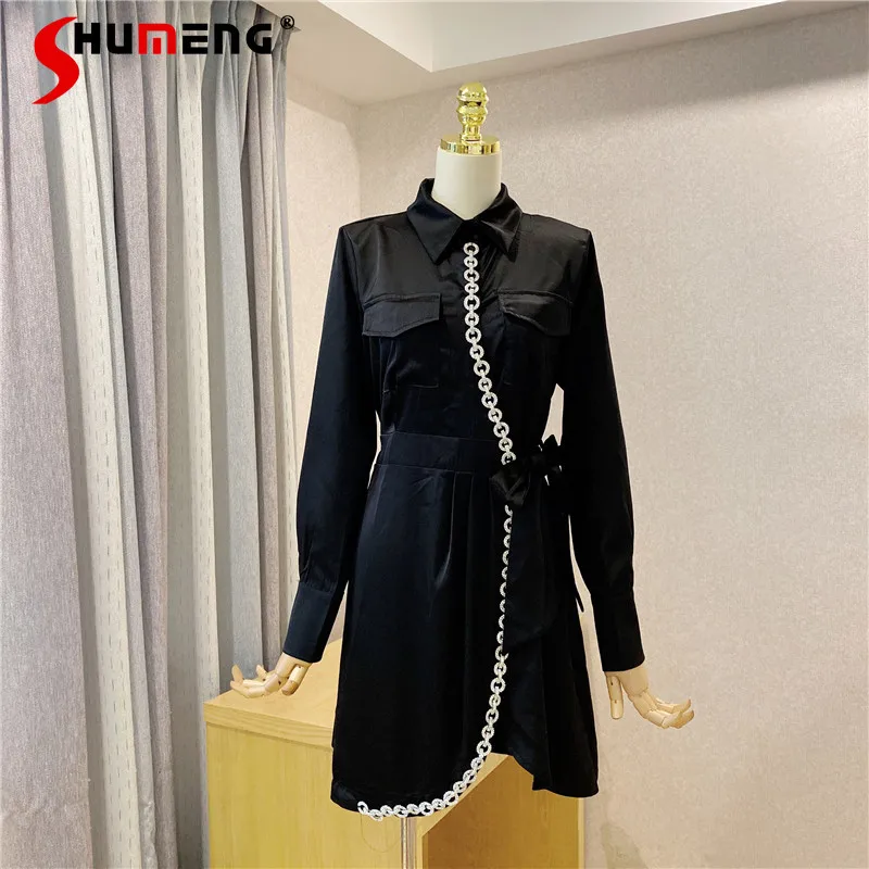 

2021 Spring and Autumn New Black Rhimestone Retaining Ring Bow French Medium Length Female Dress