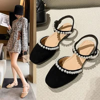fashion new flat bottomed baotou sandals for students in summer female pearls urban trend retro flat bottomed sandals