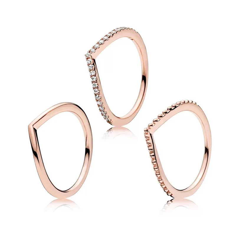 

925 Sterling Silver Pan Ring Rose Gold Wish Bone Ring Stack With Crystal For Women Wedding Party Gift Fashion Jewelry
