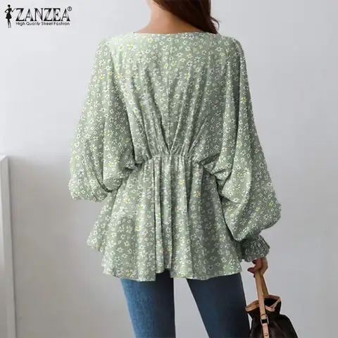 Women's Floral Blouses ZANZEA 2023 Elegant Puff Sleeve Tops Spring  Blusas Female Casual V neck Tunic Printed Chemise 