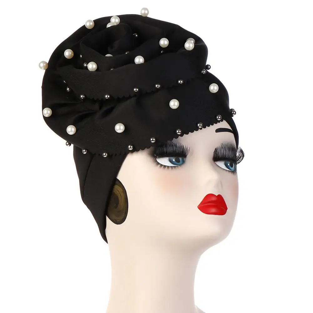 

New Arrival Fashion Flowers Pearl Muslim Turban Solid Color Indian Woman Wrap Head Hijab Caps Ready To Wear Inner Hijabs